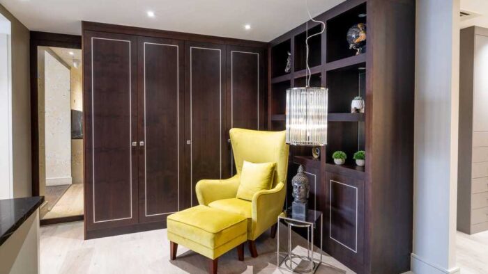 Ex Display The Wood Works Luxury Stained Walnut - Lava Grey Fleetwood Home Study Reading Zone with Romeo Concepts Velvet Armchair & Footstall