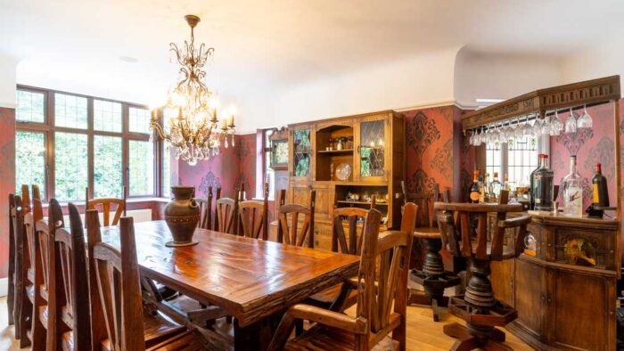 Handcrafted Set of Large Wood Dining Table inc 12 matching Dining Chairs