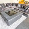 Topic Corner Group Crushed Grey Velvet Bolstered Studded L Shape Couch with Coffee Table
