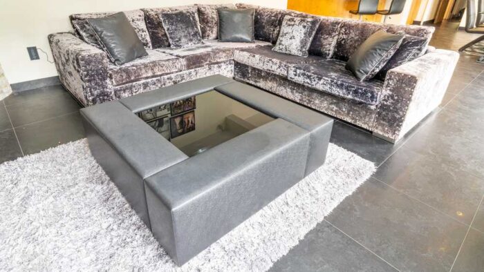 Topic Corner Group Crushed Grey Velvet Bolstered Studded L Shape Couch with Coffee Table