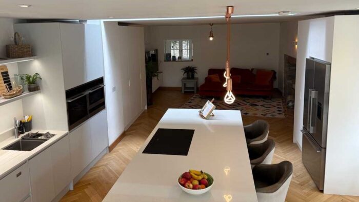 Bespoke Dovetail Joint Light Grey & White Modern Slab Kitchen and Matching Island with Waterfall Sides – Fisher & Paykel Quooker Miele Appliances – Quartz Worktops - 3833115