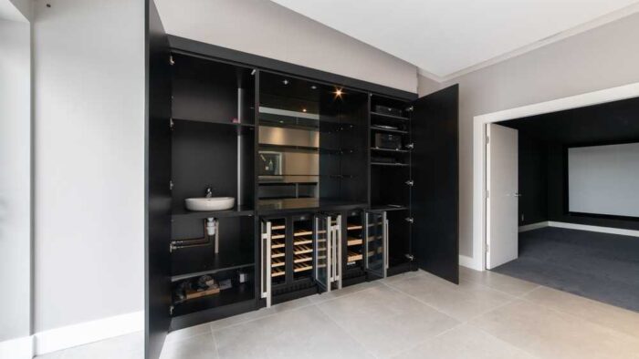 Black Drinks Bar Cabinet including Two Wine Chillers with incorporated Basin and Tap