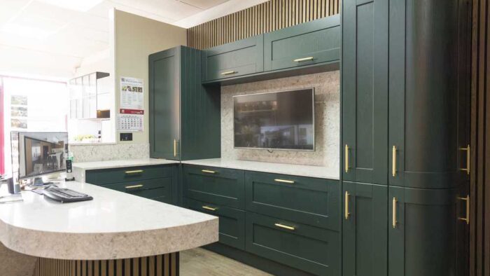Ex Display Bottle Green Desk Area with TV Unit with Quartz Worktops