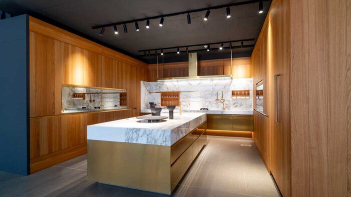 Luxury Ex Display Arclinea Convivium Teak Kitchen with Large Island -Sub Zero Miele Appliances – Marble Worktops