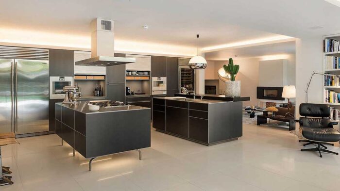 Luxury Large Bulthaup Kitchen B3 Monoblock Grey Kitchen with 2 Matching Islands – Sub Zero Gaggenau Siemens Appliances - Stainless Steel Worktops