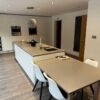 Modern Slab Off White Gloss J Handled Kitchen inc Large Island with Dining Table – Bosch AEG Caple Appliances – Quartz Worktops