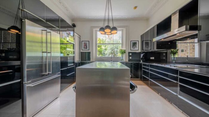 Poggenpohl Luxury Black Gloss Kitchen & Matching Island – Gaggenau Miele Appliances - Black Quartz - Granite Worktops & Stainless-Steel Breakfast Bar with Waterfall Side
