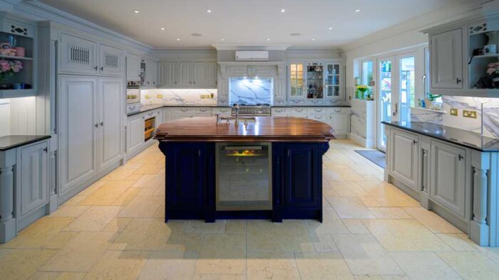 Bespoke Pavilion Grey - F&B 242 -  Kitchen with Large Island – Britannia AEG Liebherr Bosch Appliances – Granite Worktops