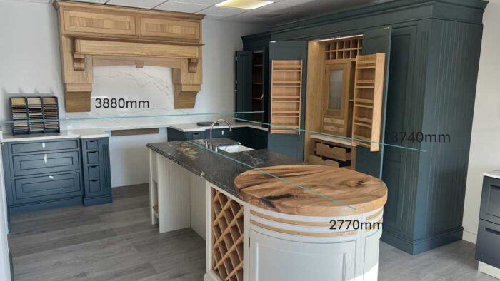 Ex Display Ashley Ann Caledonia In Frame Gigha Ash Painted Grassy Glen & Chalk Cliffs Kitchen with Large Island – Bosch Denby Appliances - Veined Quartz & Black Magic Marble Worktops