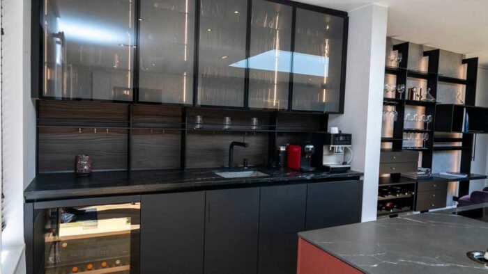 Ex Display Euromobil Cesar Italian Kitchen and 1950s Shelving Unit – Quooker Liebherr Miele Appliances - Soapstone Worktop
