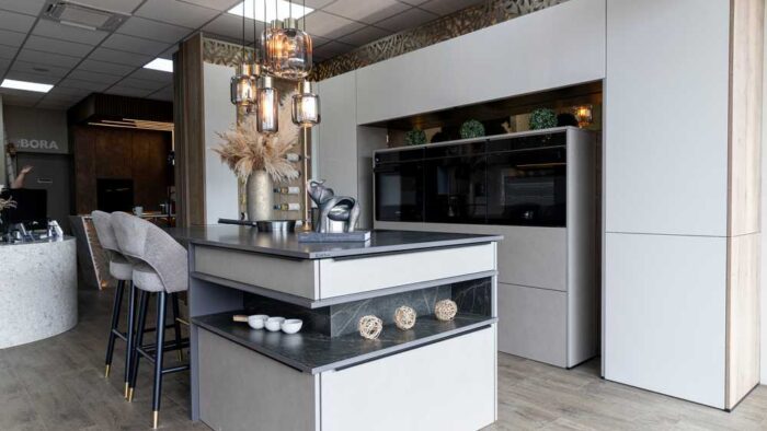 Ex Display Kuhlmann Icon Primofiore Grigio & Ares Expanse Taupe & Stone Kitchen - Bora Siemens Appliances - Calacutta Olympus Techni Stone Quartz Worktops
